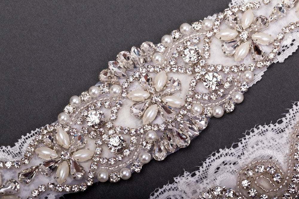 Vintage White Lace Jeweled Garter Set