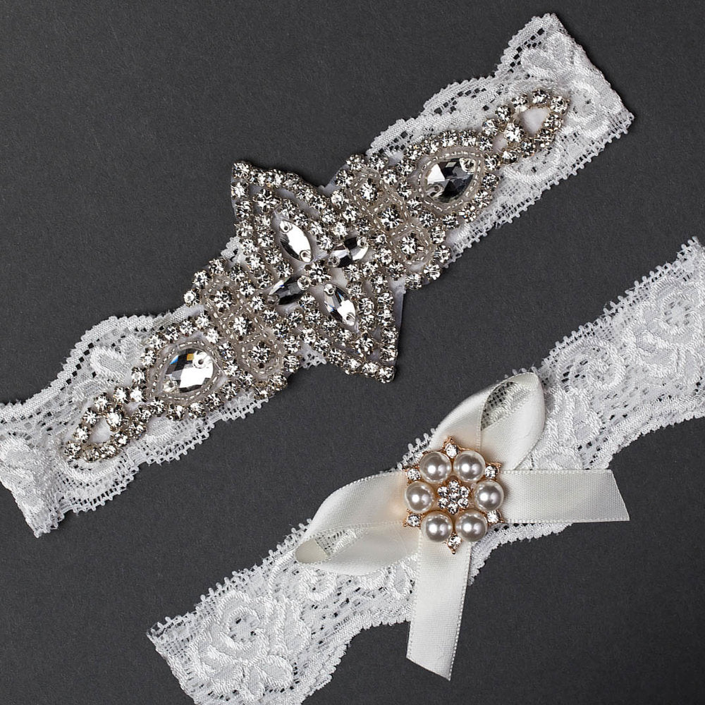 Lace and Jewel Marquise Bridal Garter Set