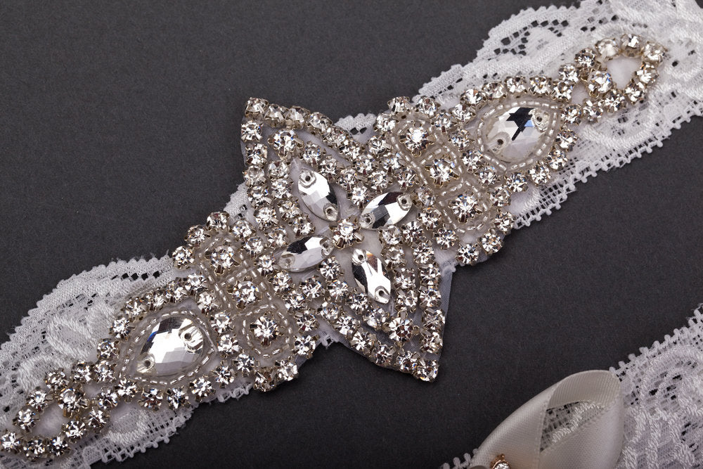 Lace and Jewel Marquise Bridal Garter Set
