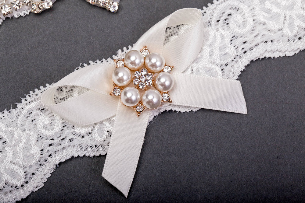 Lace and Jewel Marquise Bridal Garter Set