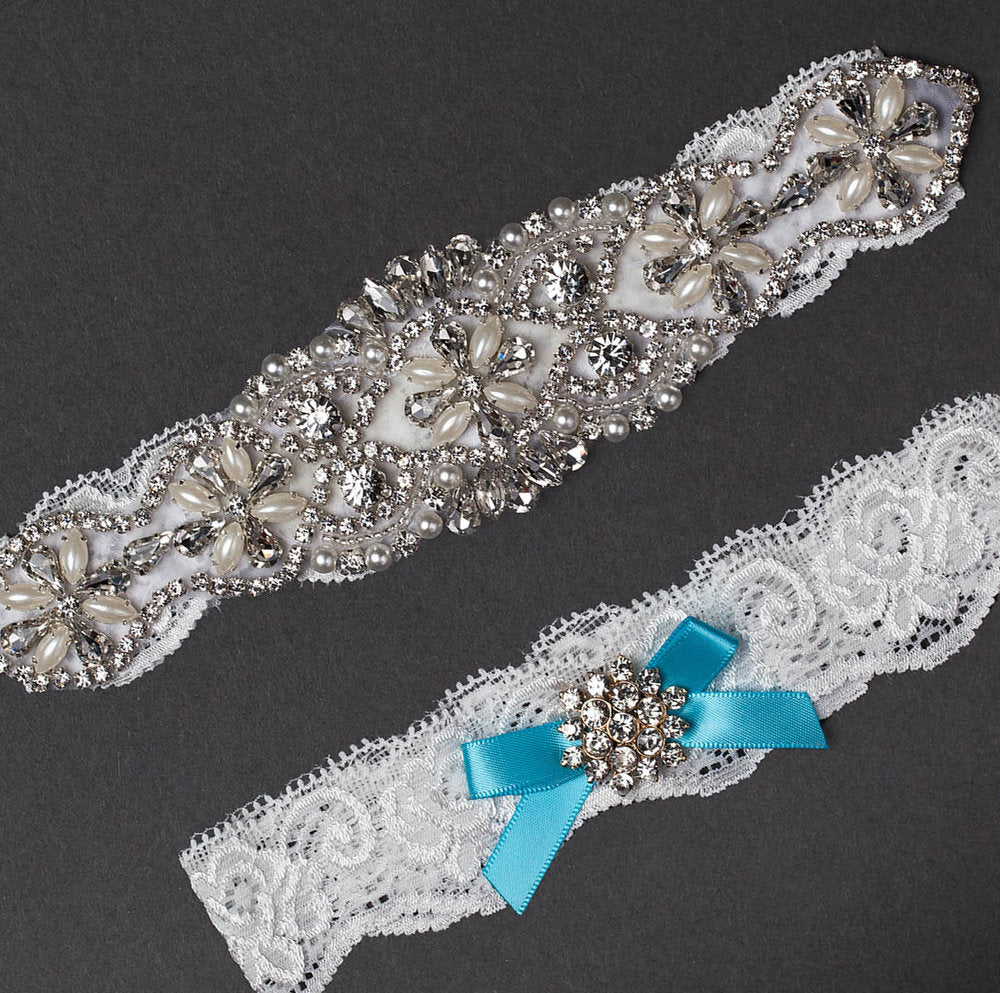 Something Blue White Lace Jeweled Garter Set