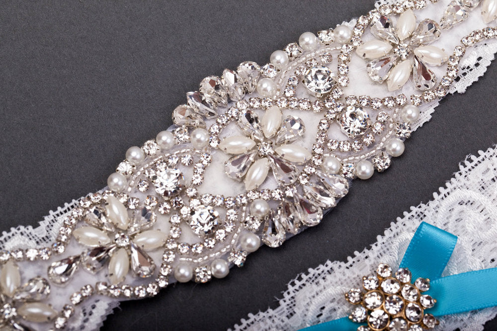 Something Blue White Lace Jeweled Garter Set