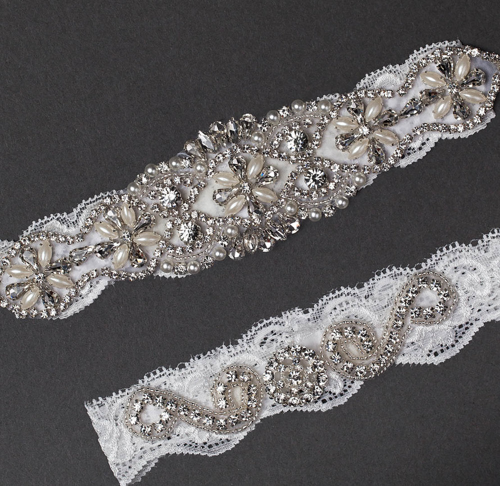 Vintage White Lace Jeweled Garter Set