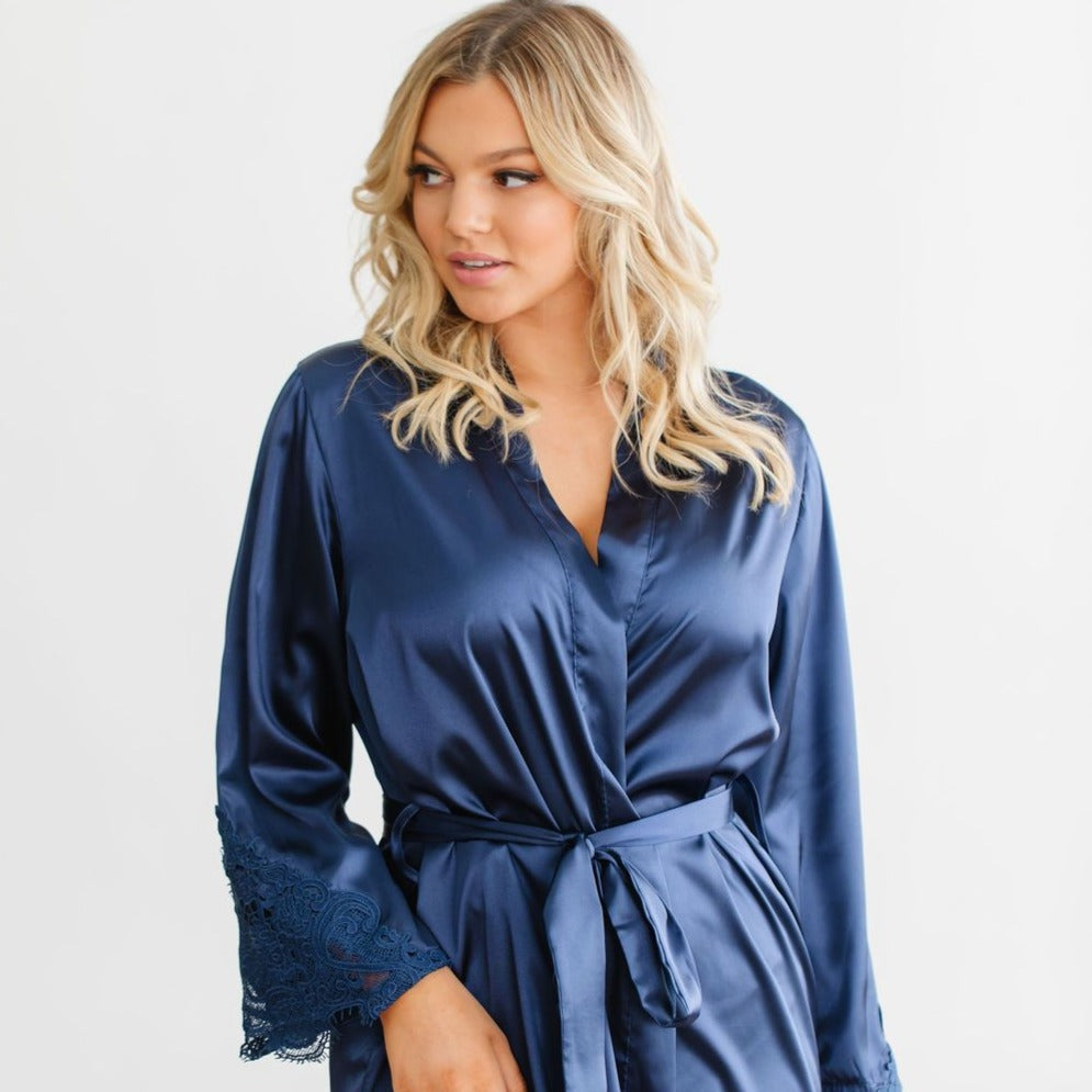 Navy Satin Lace Robe