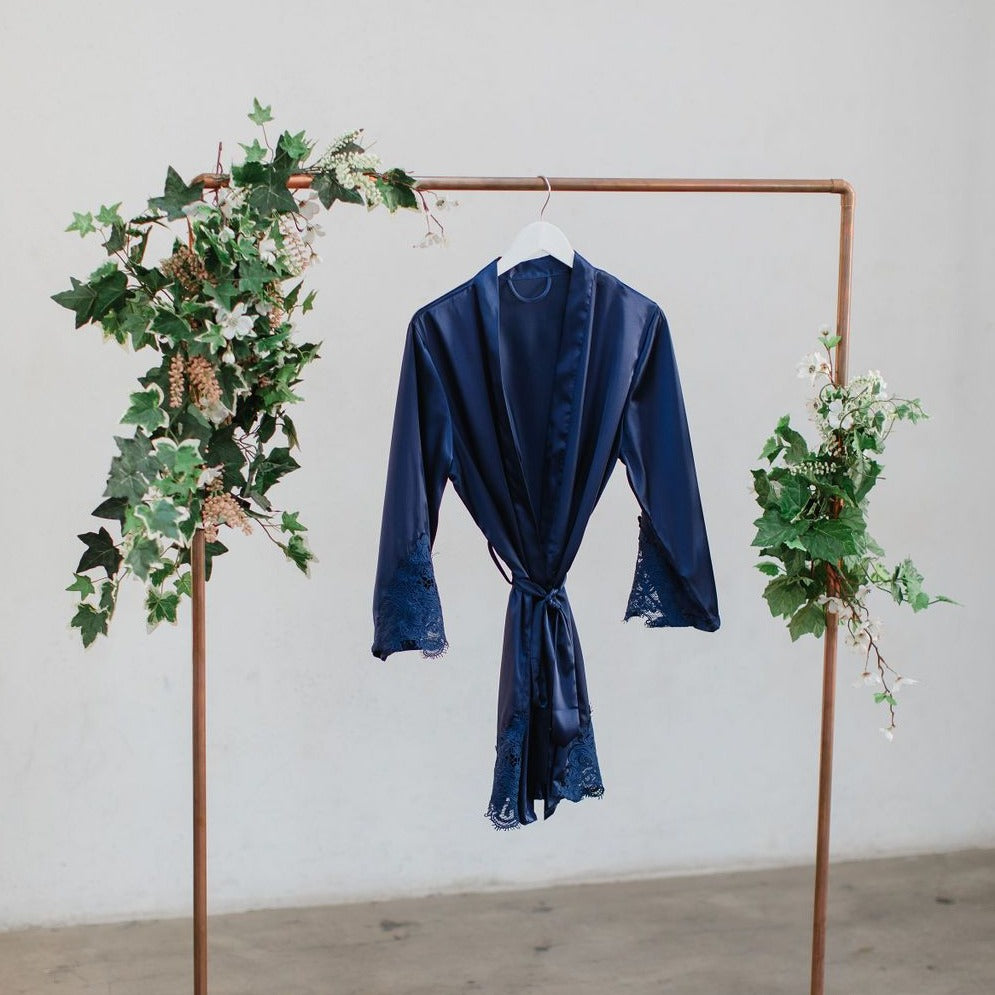 Navy Satin Lace Robe